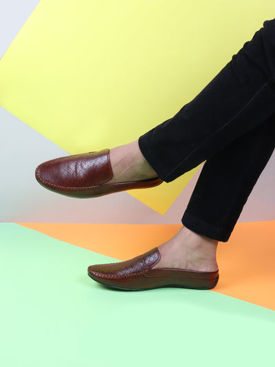 Men Tan Stitched Block Design Pattern Back Open Slip On Loafer Shoes