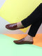 Men Maroon Stitched Block Design Pattern Back Open Slip On Loafer Shoes