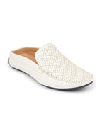 Men White Stitched Block Design Pattern Ethnic Back Open Slip On Loafer Shoes