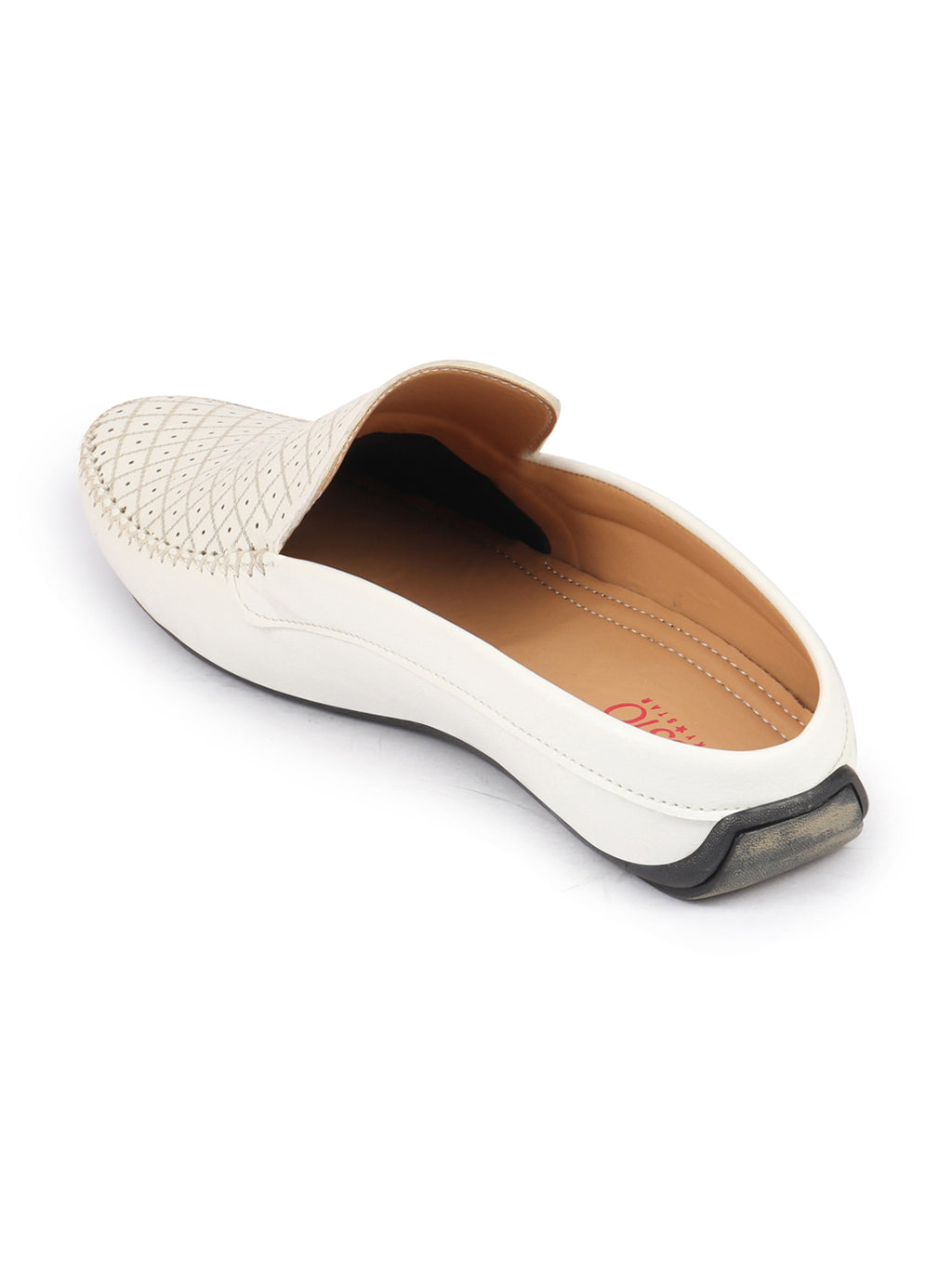 Men White Stitched Block Design Pattern Ethnic Back Open Slip On Loafer Shoes