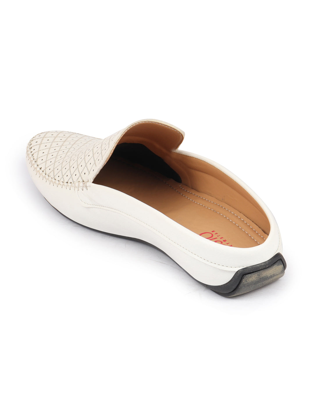 Men White Stitched Block Design Pattern Ethnic Back Open Slip On Loafer Shoes