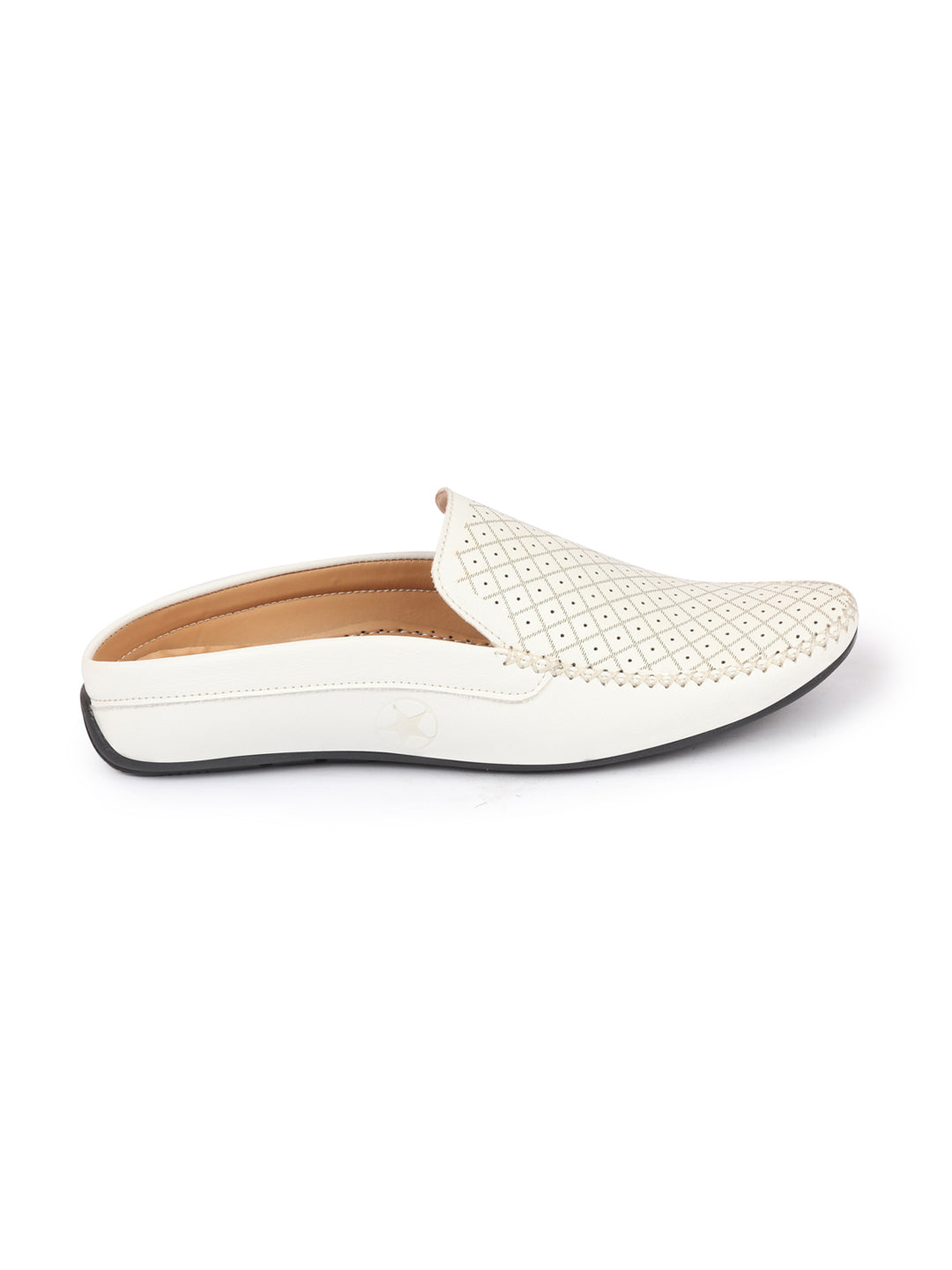 Men White Stitched Block Design Pattern Ethnic Back Open Slip On Loafer Shoes