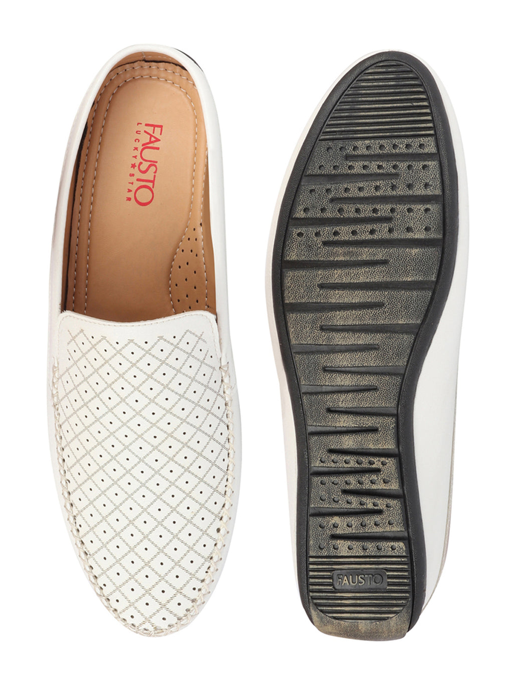 Men White Stitched Block Design Pattern Ethnic Back Open Slip On Loafer Shoes
