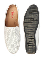 Men White Stitched Block Design Pattern Ethnic Back Open Slip On Loafer Shoes