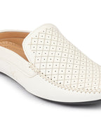 Men White Stitched Block Design Pattern Ethnic Back Open Slip On Loafer Shoes