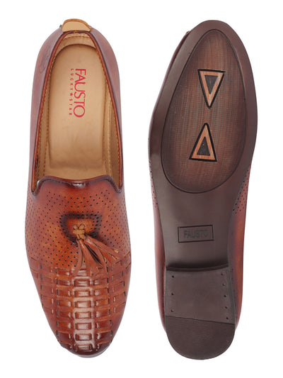 Shop Men Tan Tassel Knitted Design Broad Feet Slip On Ethnic Wedding Juttis and Mojaris Online.