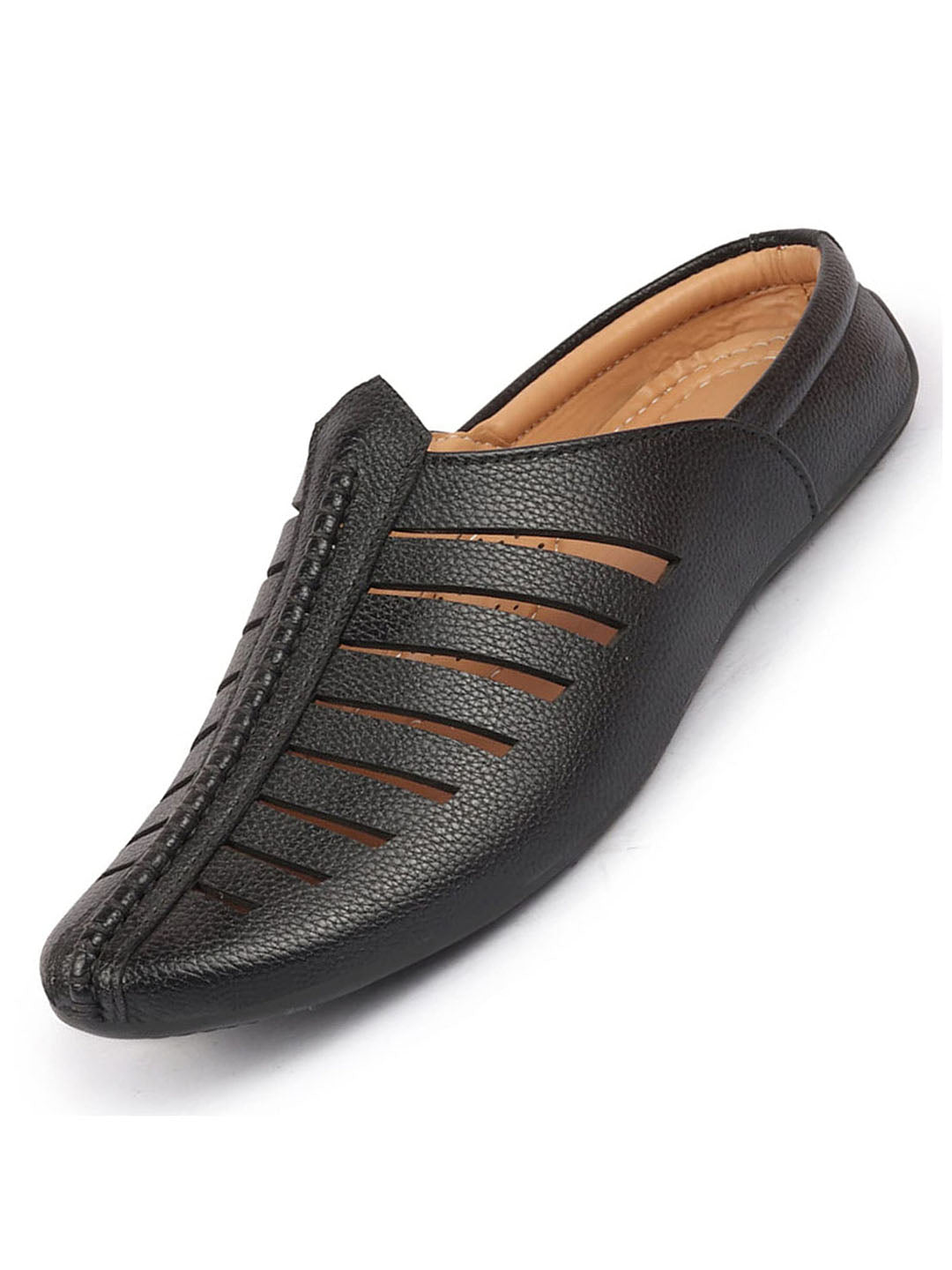 Men Black Laser Cut Design Back Open Evening Party Ethnic Mules Slip On Shoes