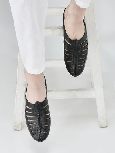 Men Black Laser Cut Design Back Open Evening Party Ethnic Mules Slip On Shoes