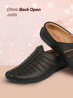 Men Black Laser Cut Design Back Open Evening Party Ethnic Mules Slip On Shoes