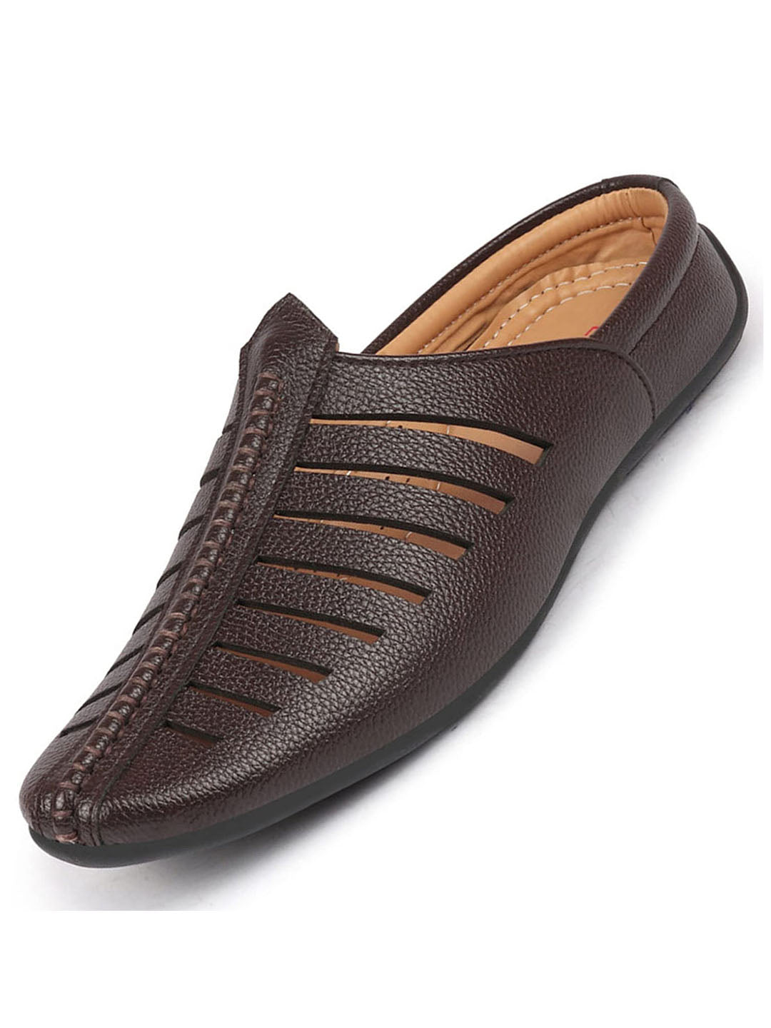 men brown laser cut design back open evening party ethnic mules slip on shoes