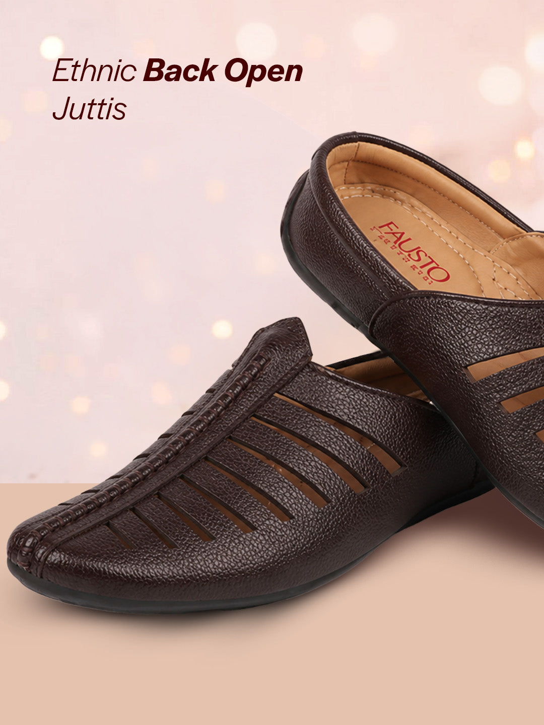men brown laser cut design back open evening party ethnic mules slip on shoes