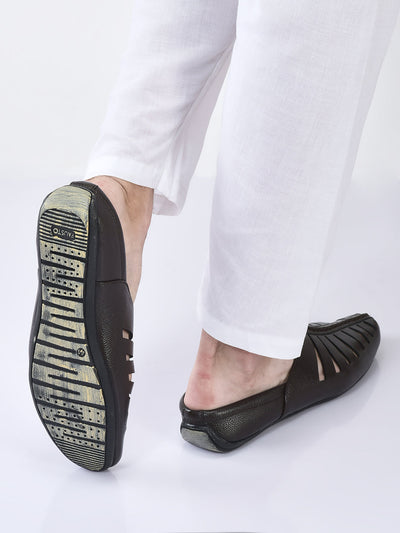 men brown laser cut design back open evening party ethnic mules slip on shoes