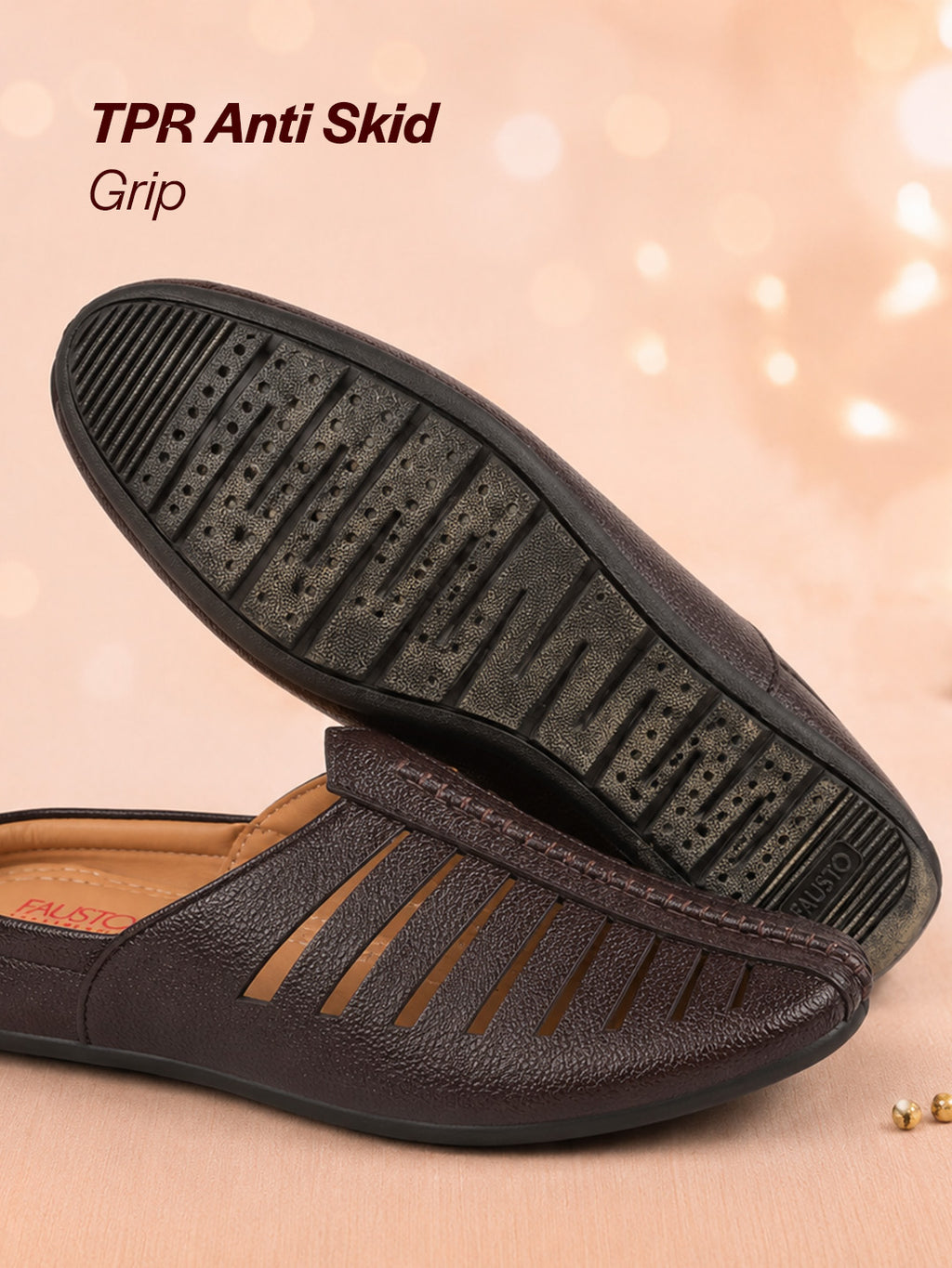 men brown laser cut design back open evening party ethnic mules slip on shoes