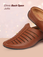 men tan laser cut design back open evening party ethnic mules slip on shoes