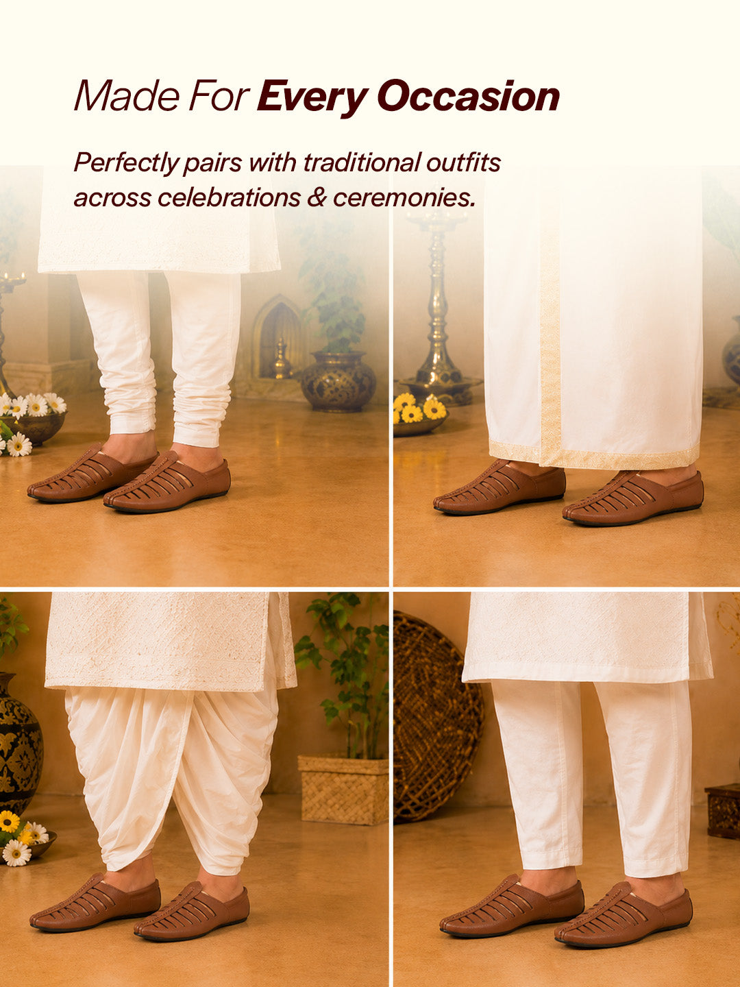men tan laser cut design back open evening party ethnic mules slip on shoes