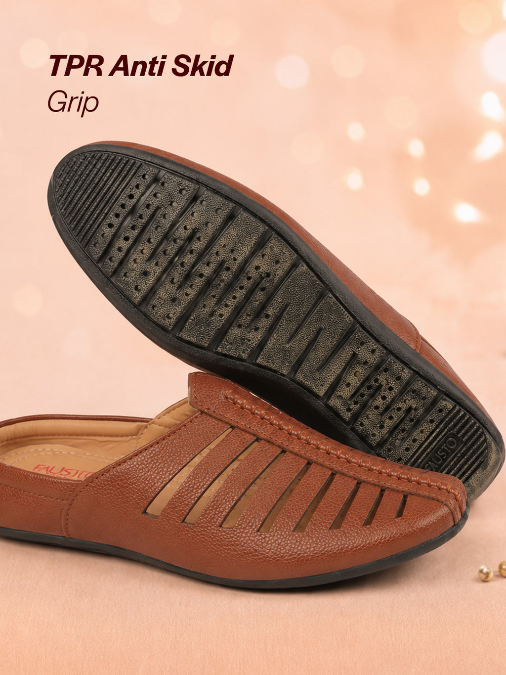 men tan laser cut design back open evening party ethnic mules slip on shoes