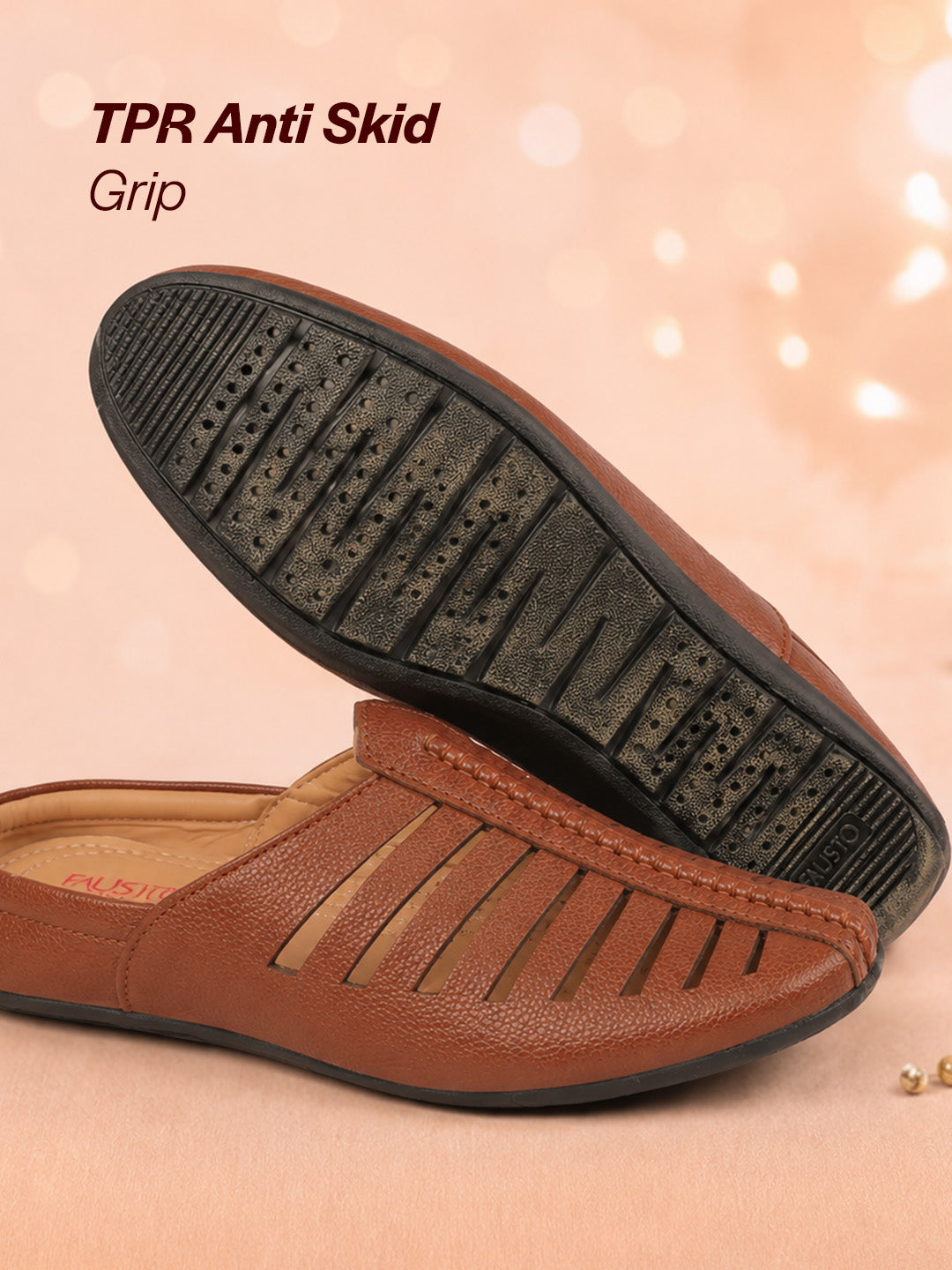 men tan laser cut design back open evening party ethnic mules slip on shoes