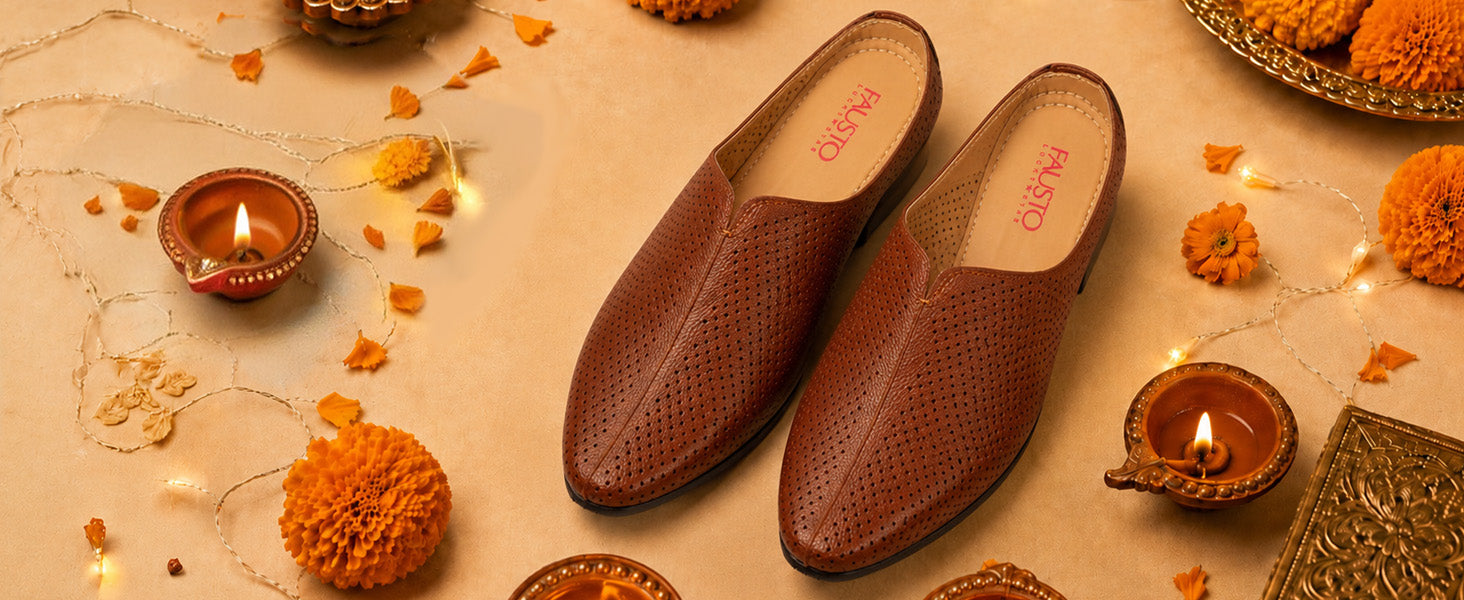 Men Tan Back Open Perforated Design Ethnic Party Wedding Mules Slip On Shoes