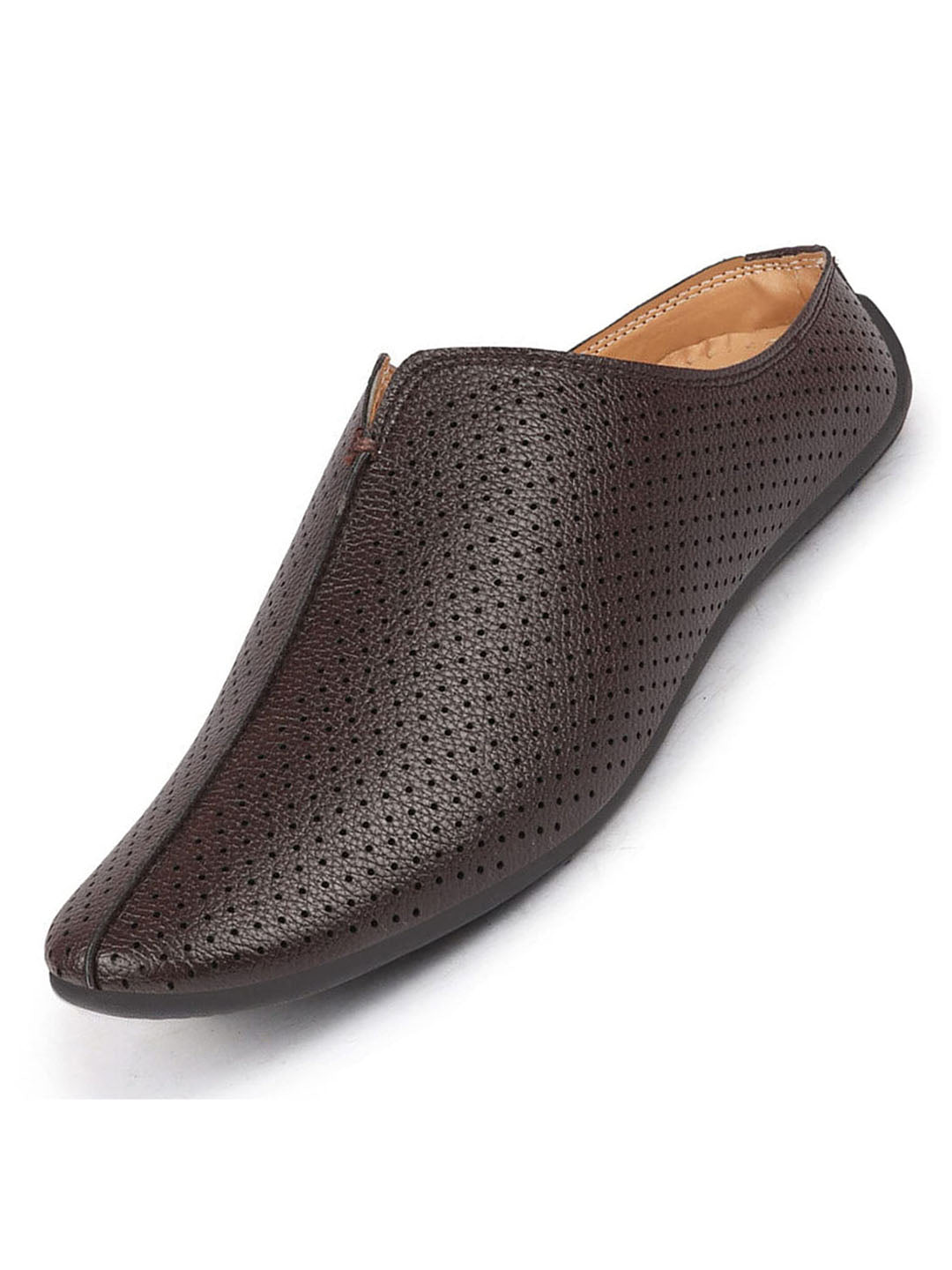 men brown back open perforated design ethnic party wedding mules slip on shoes