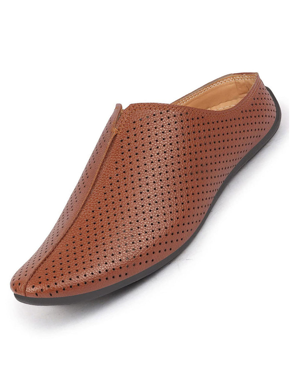 men tan back open perforated design ethnic party wedding mules slip on shoes