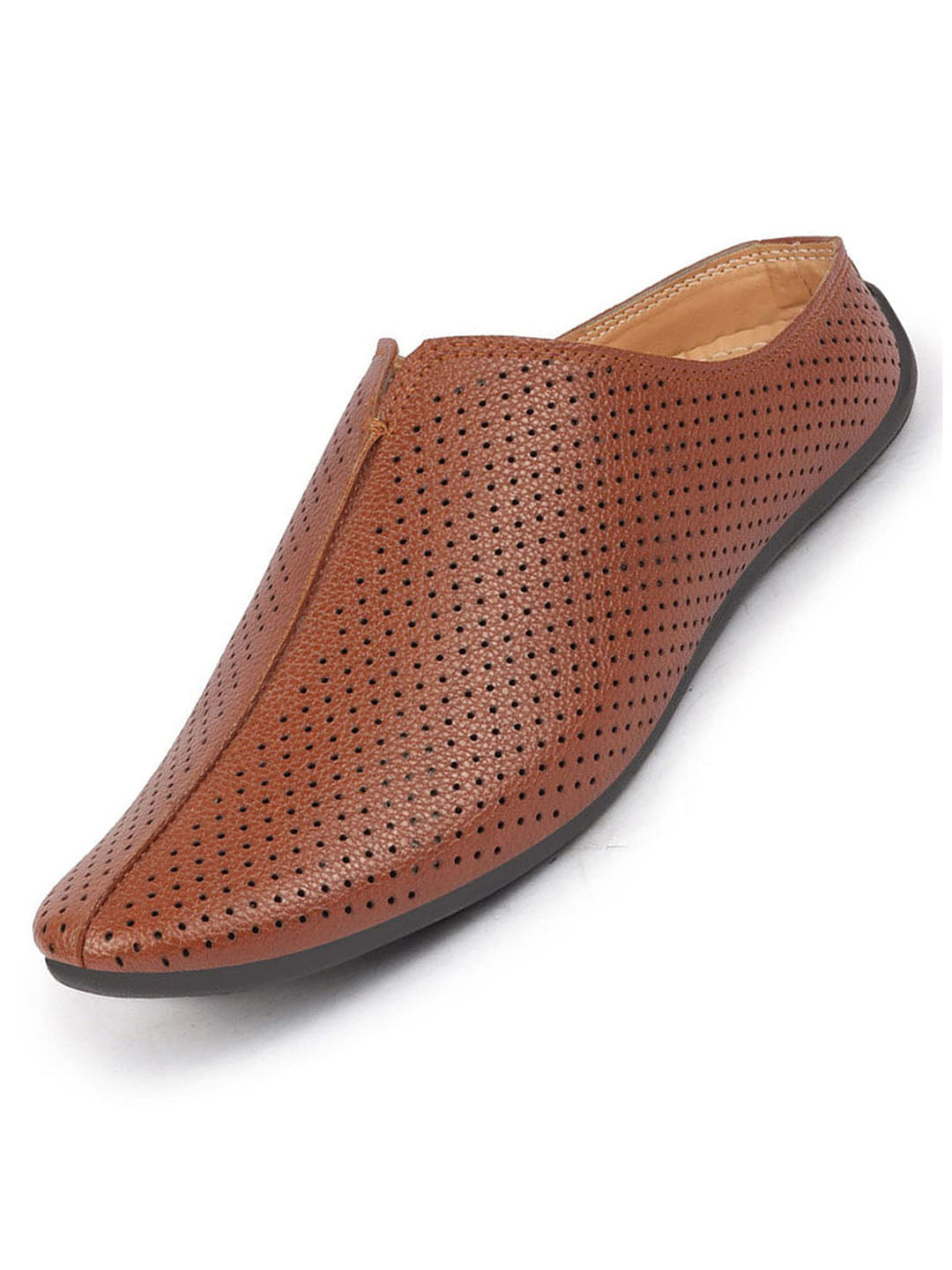 men tan back open perforated design ethnic party wedding mules slip on shoes