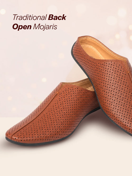Shop Men Tan Back Open Perforated Design Ethnic Party Wedding Mules Slip On Shoes Online.