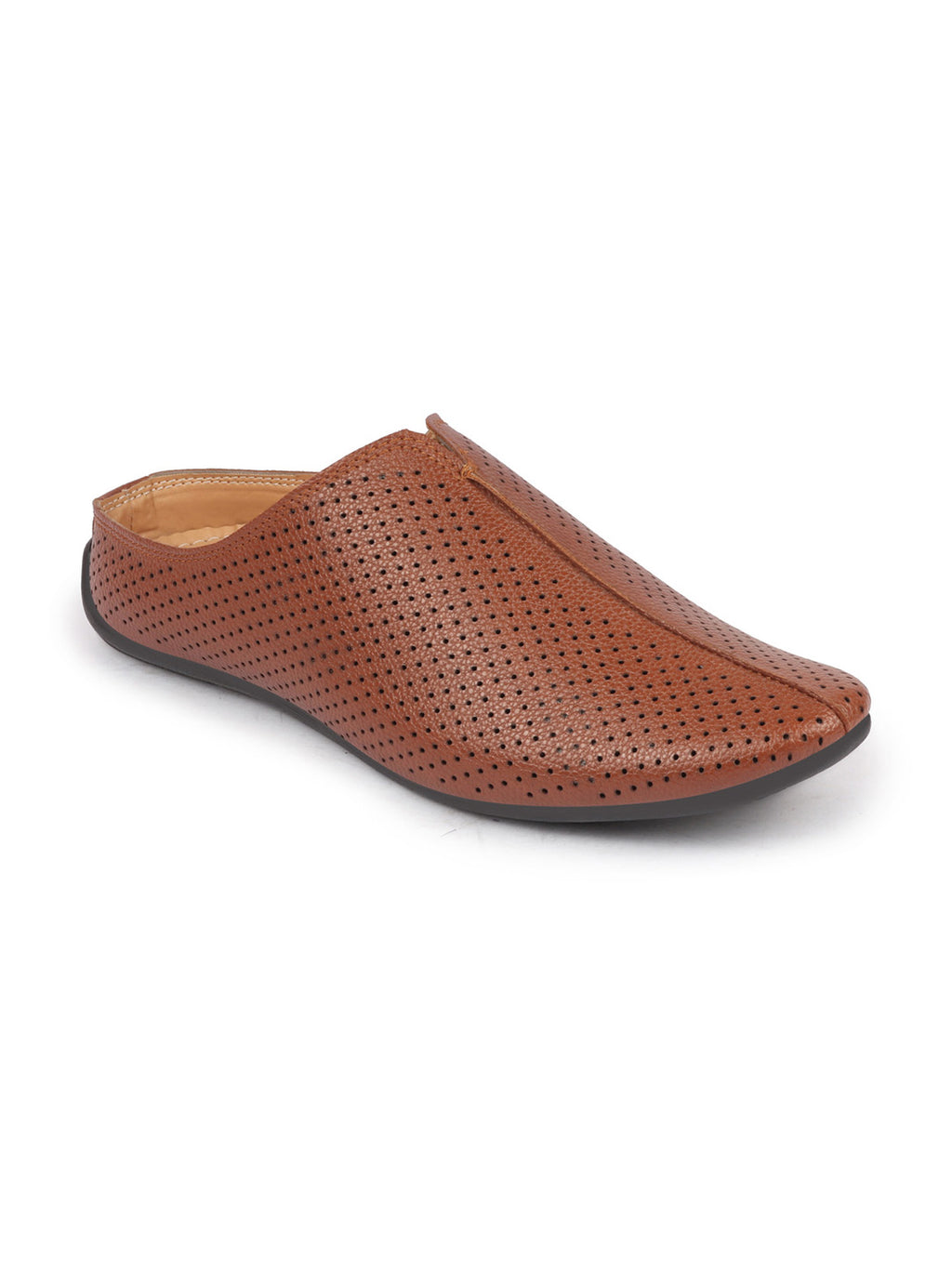 Men Tan Back Open Perforated Design Ethnic Party Wedding Mules Slip On Shoes