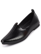 Shop Men Black Laser Cut Design Broad Feet Ethnic Slip On Wedding Juttis and Mojaris Online.