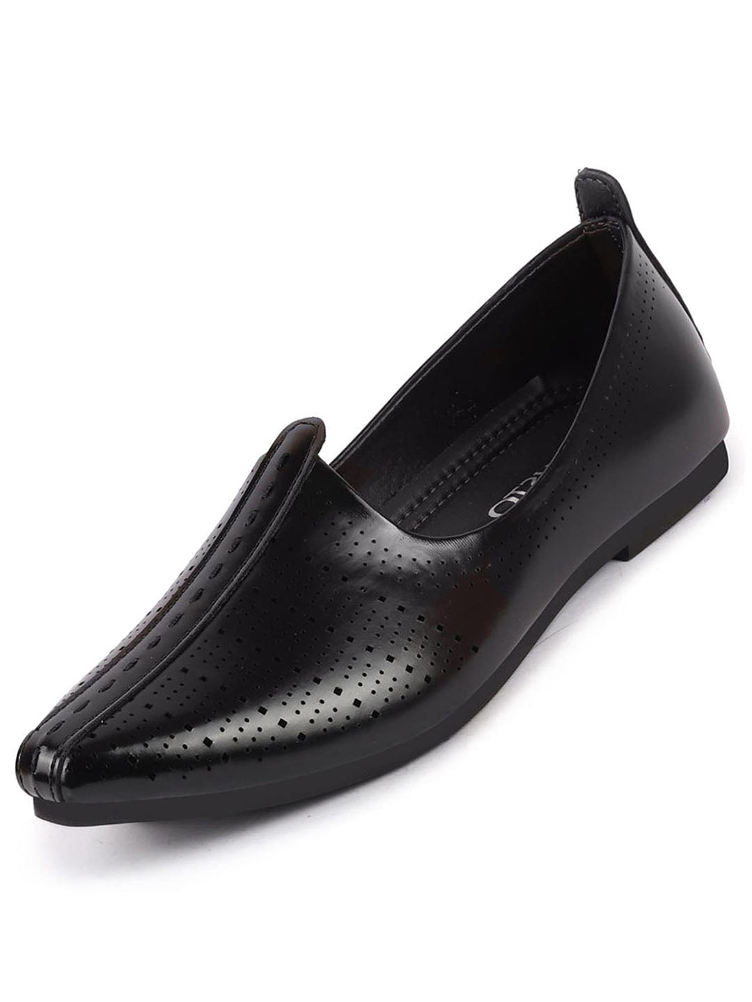 Shop Men Black Laser Cut Design Broad Feet Ethnic Slip On Wedding Juttis and Mojaris Online.
