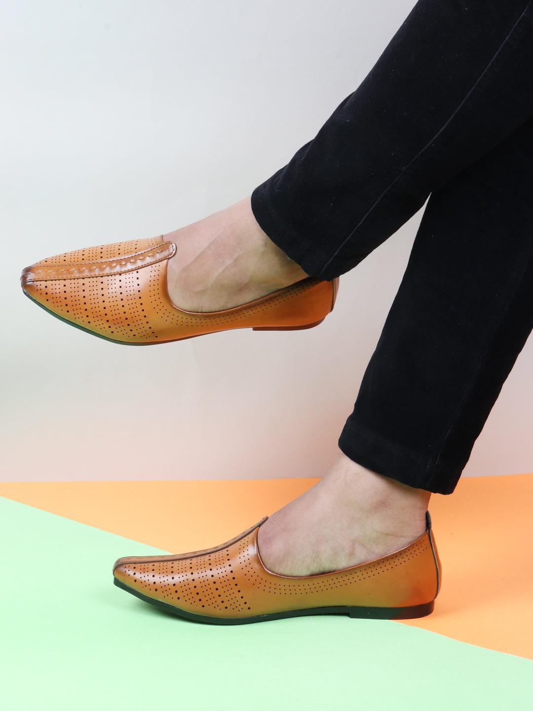 Shop Men Tan Laser Cut Design Broad Feet Ethnic Slip On Wedding Juttis and Mojaris Online.