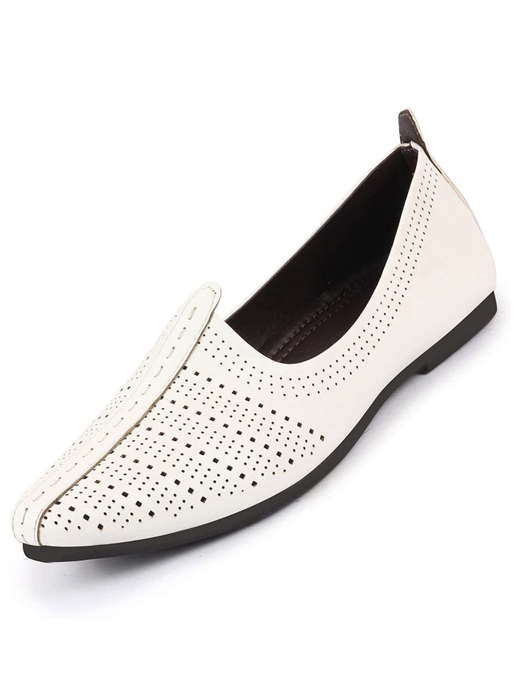 Shop Men White Laser Cut Design Broad Feet Ethnic Slip On Wedding Juttis and Mojaris Online.
