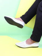 Shop Men White Laser Cut Design Broad Feet Ethnic Slip On Wedding Juttis and Mojaris Online.
