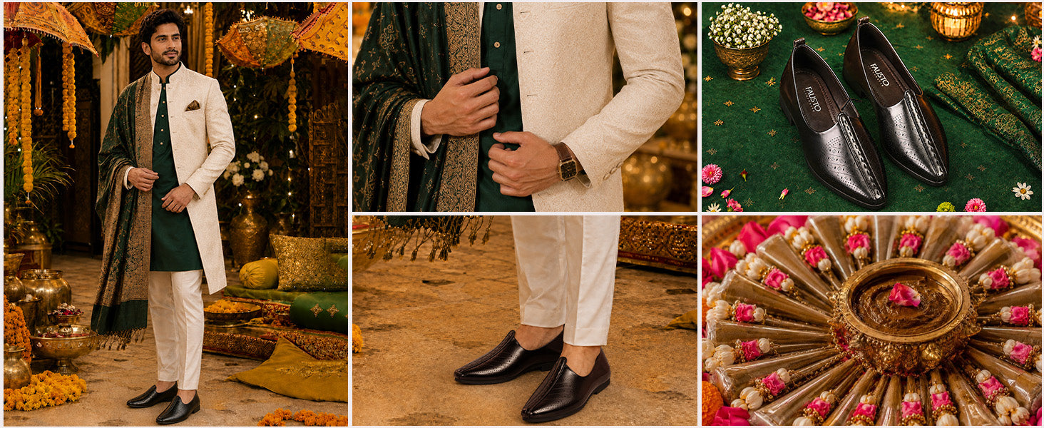 Men Tan Laser Cut Design Ethnic Slip On Wedding Juttis and Mojaris
