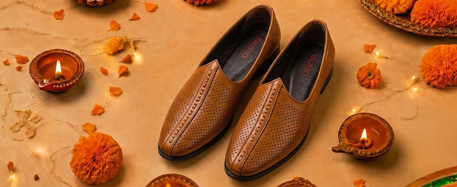 Men Tan Laser Cut Design Ethnic Slip On Wedding Juttis and Mojaris