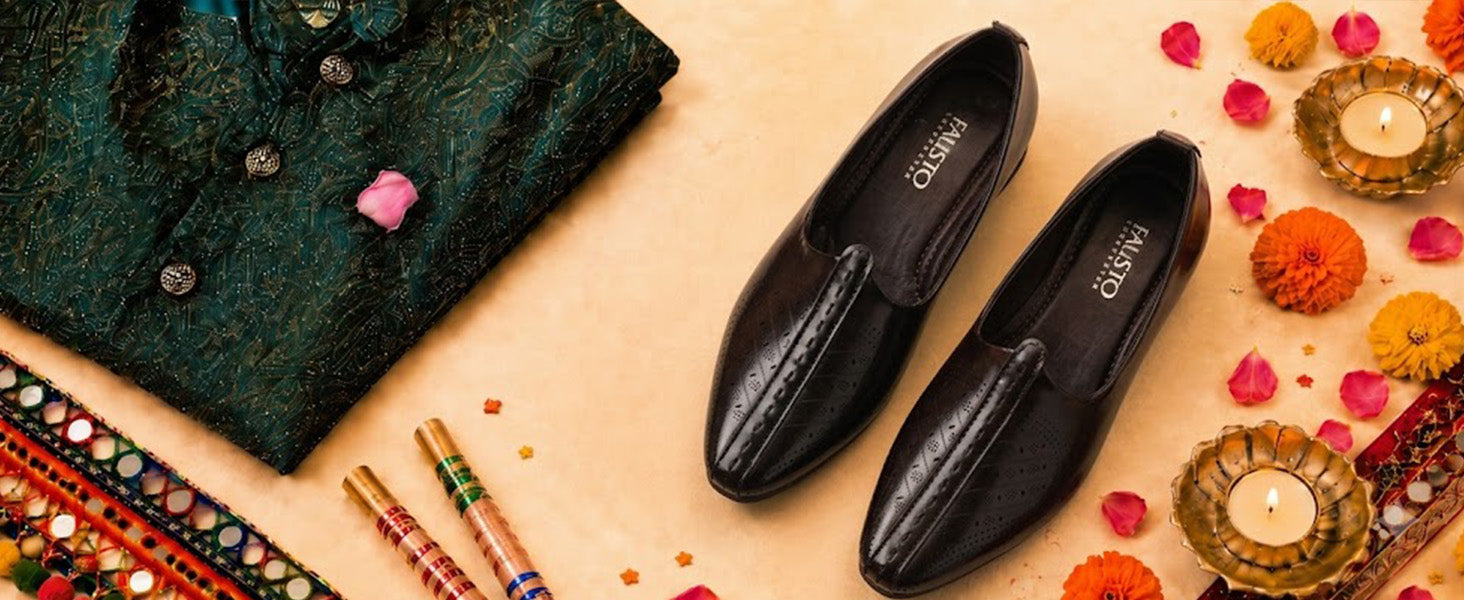Men Tan Laser Cut Design Ethnic Slip On Wedding Juttis and Mojaris