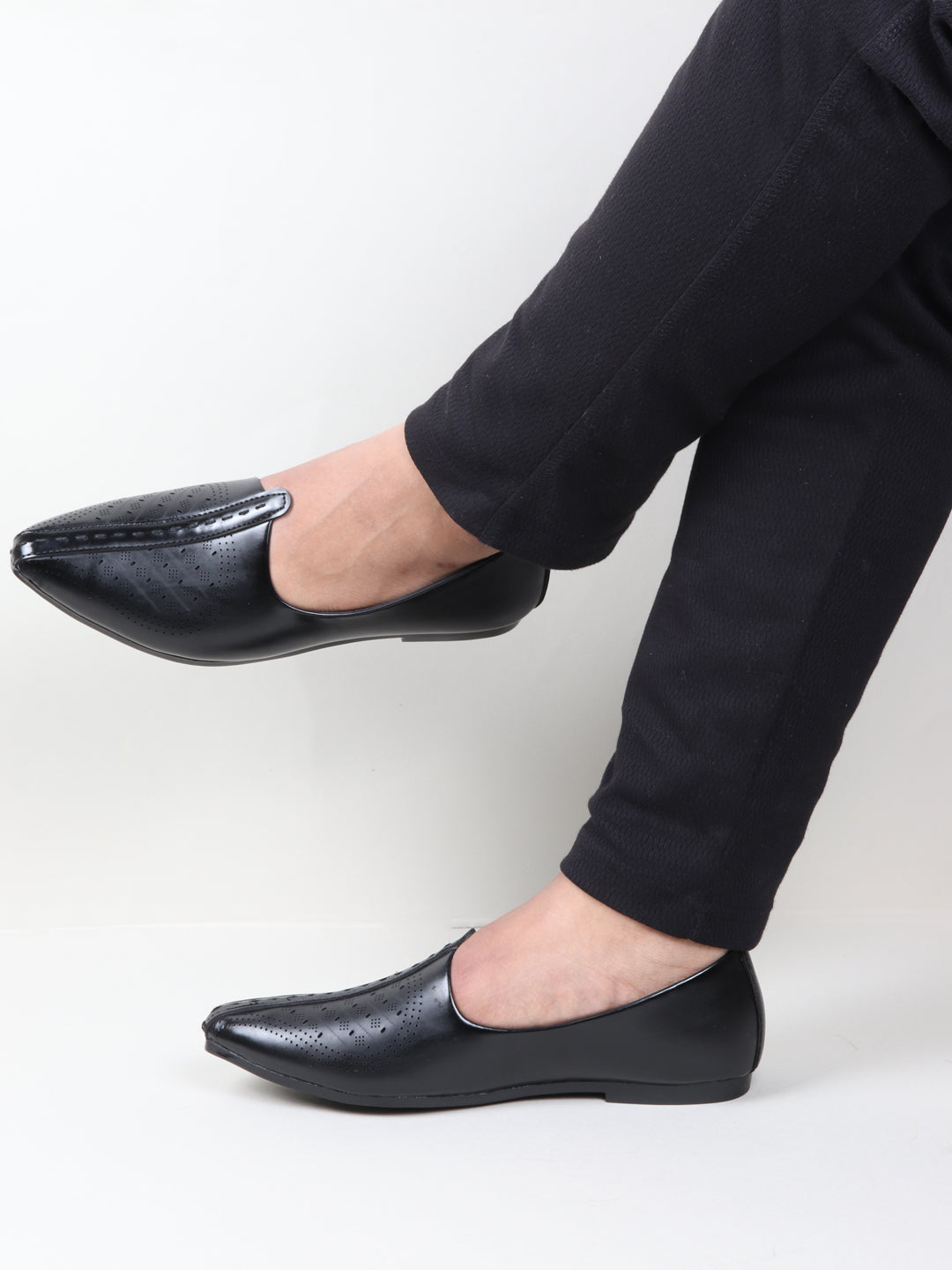 Shop Men Black Laser Cut Design Ethnic Slip On Wedding Juttis and Mojaris Online.