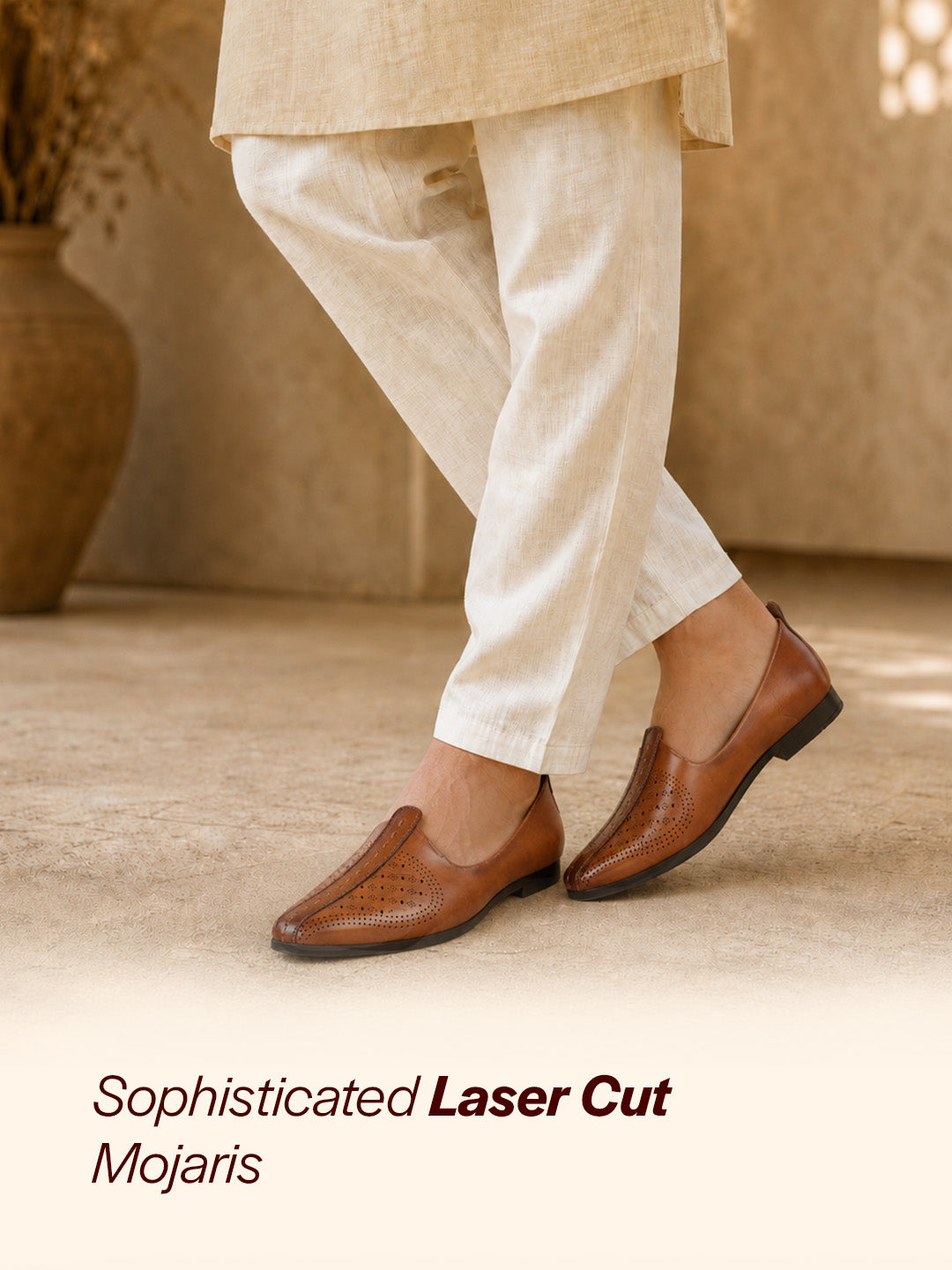 Shop Men Tan Laser Cut Design Ethnic Slip On Wedding Juttis and Mojaris Online.