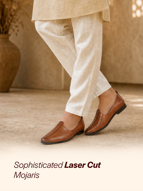 Shop Men Tan Laser Cut Design Ethnic Slip On Wedding Juttis and Mojaris Online.