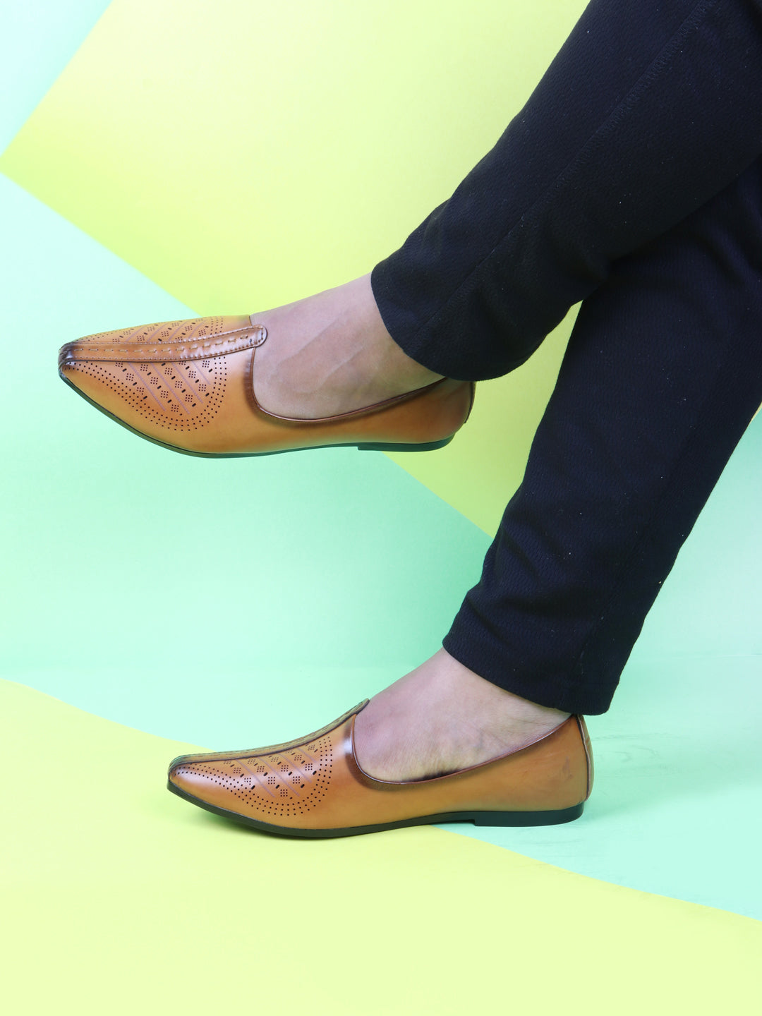 Shop Men Tan Laser Cut Design Ethnic Slip On Wedding Juttis and Mojaris Online.