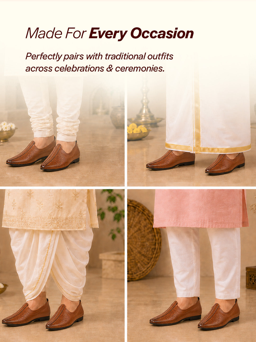 Shop Men Tan Laser Cut Design Ethnic Slip On Wedding Juttis and Mojaris Online.