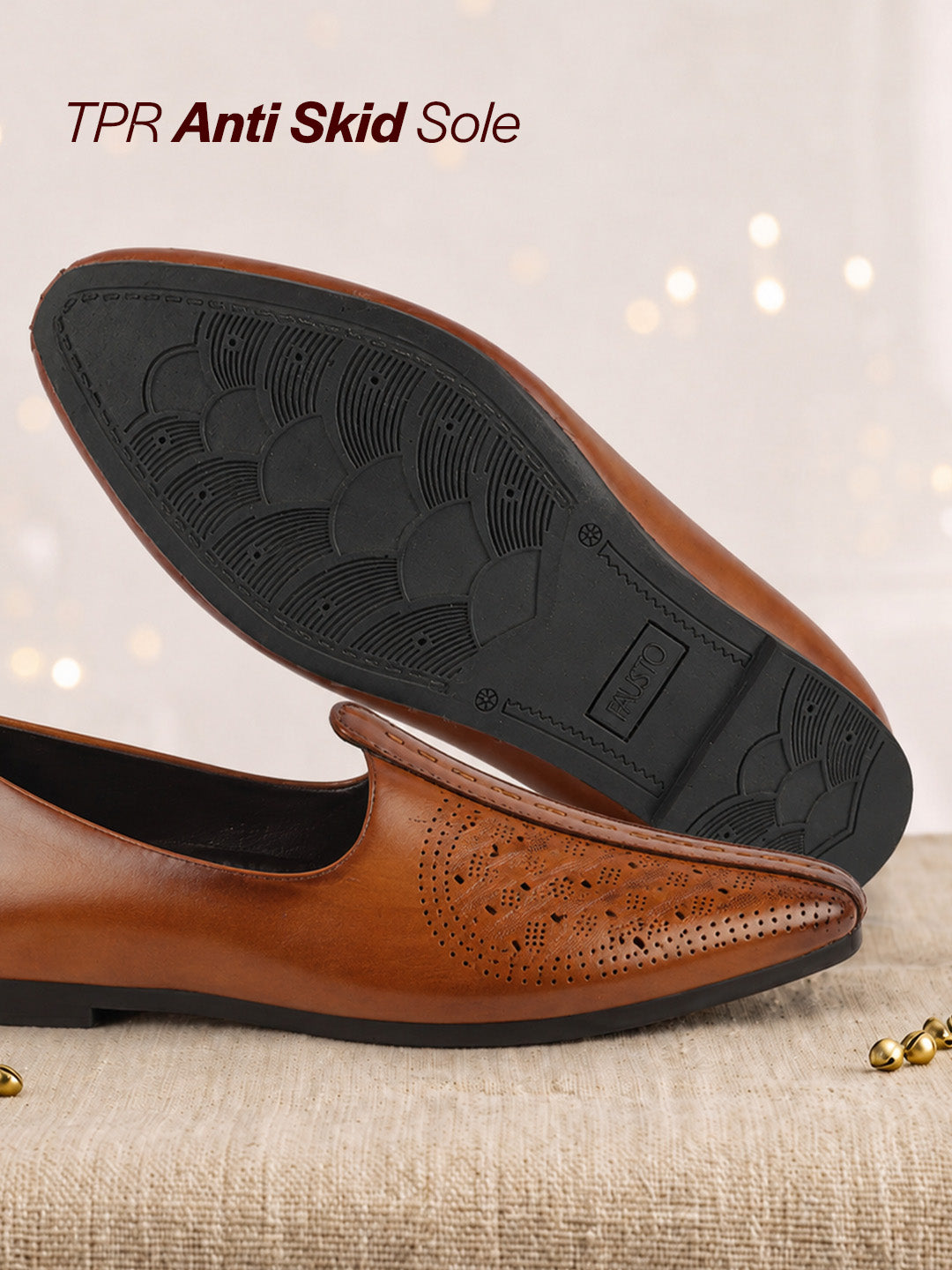 Shop Men Tan Laser Cut Design Ethnic Slip On Wedding Juttis and Mojaris Online.