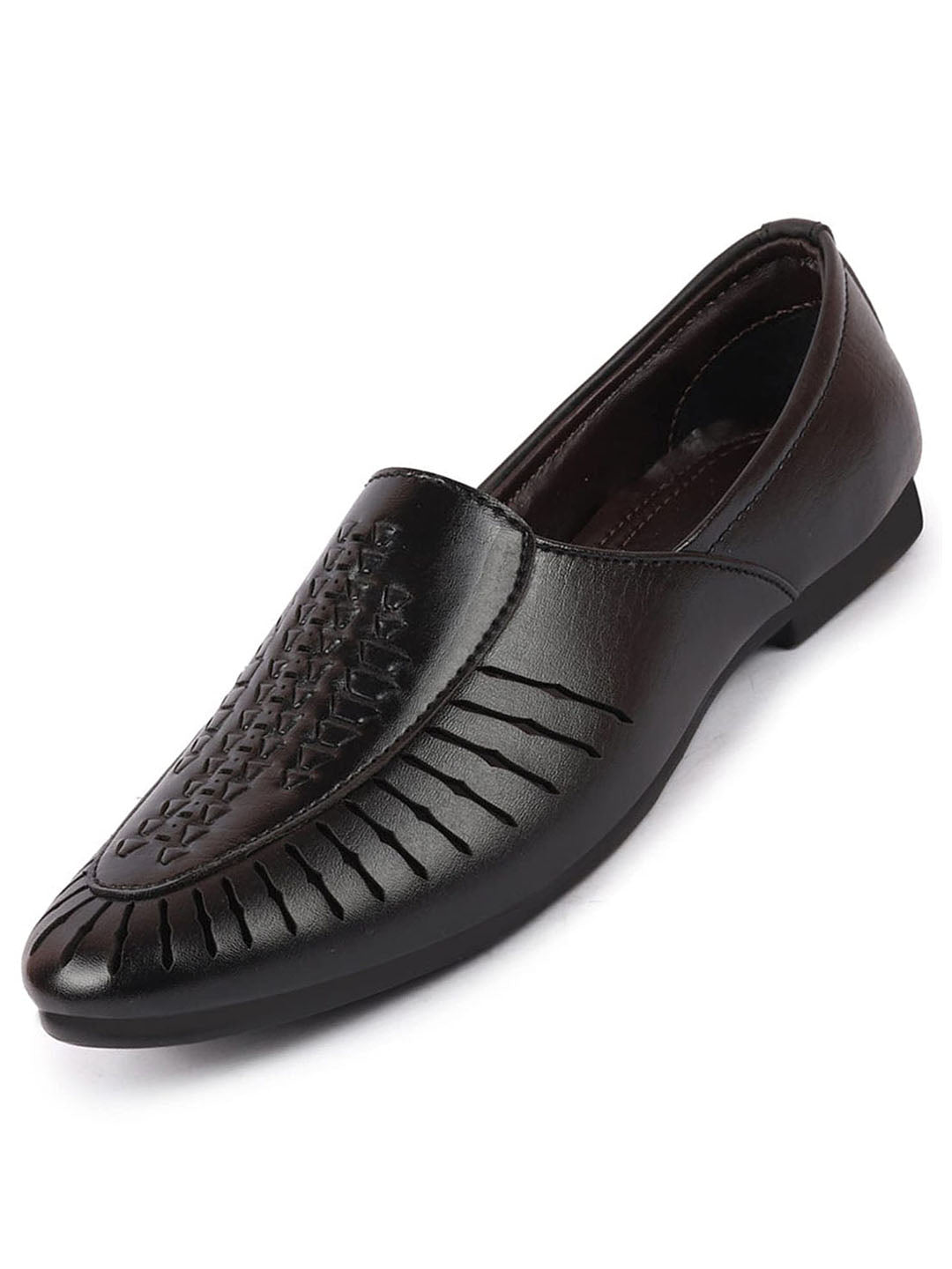 shop men black laser cut design ethnic slip on party juttis and mojaris online.