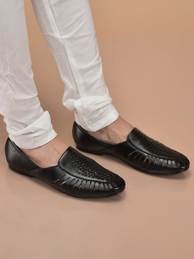 shop men black laser cut design ethnic slip on party juttis and mojaris online.
