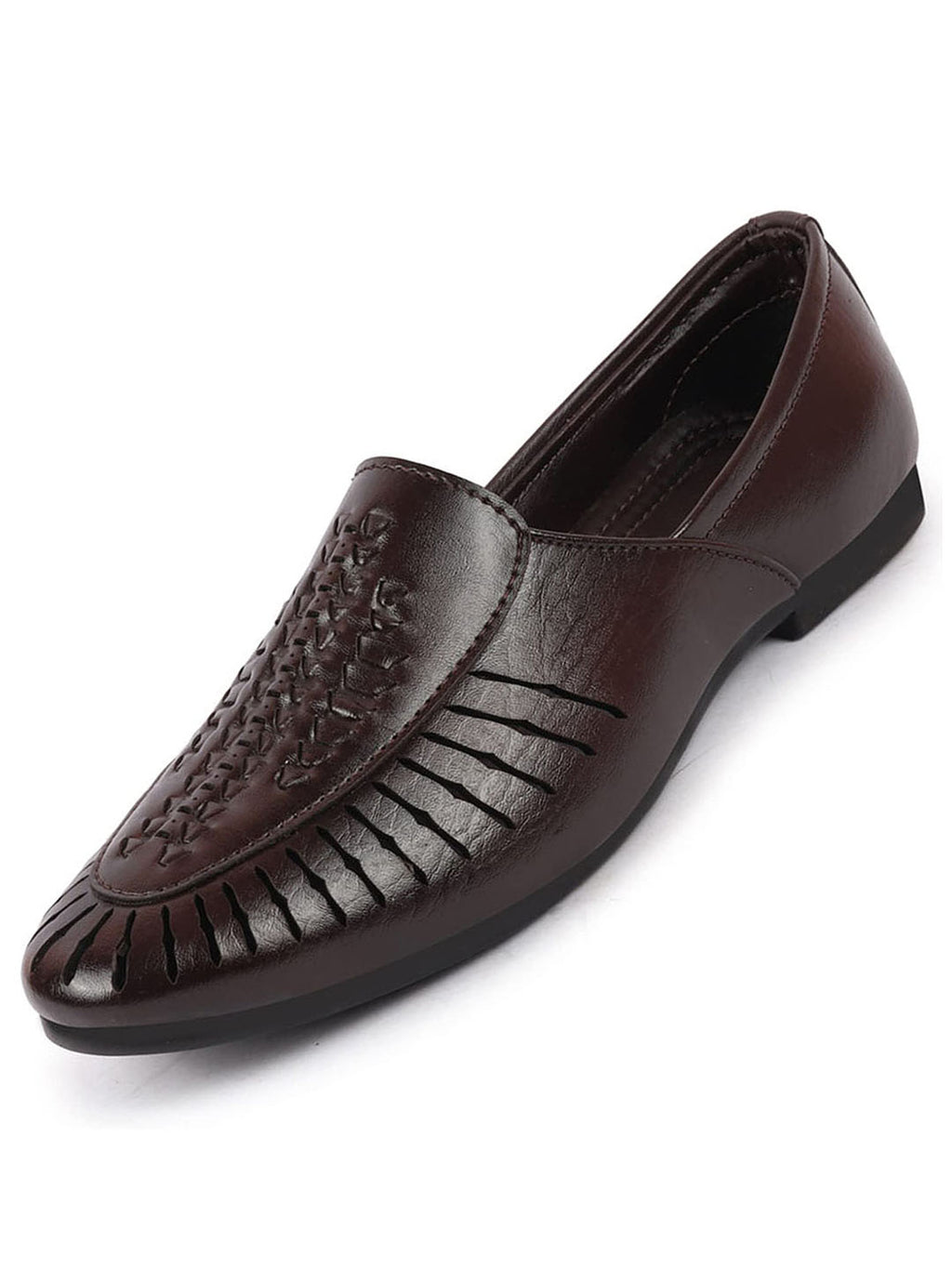 Shop Men Brown Laser Cut Design Ethnic Slip On Party Juttis and Mojaris Online.