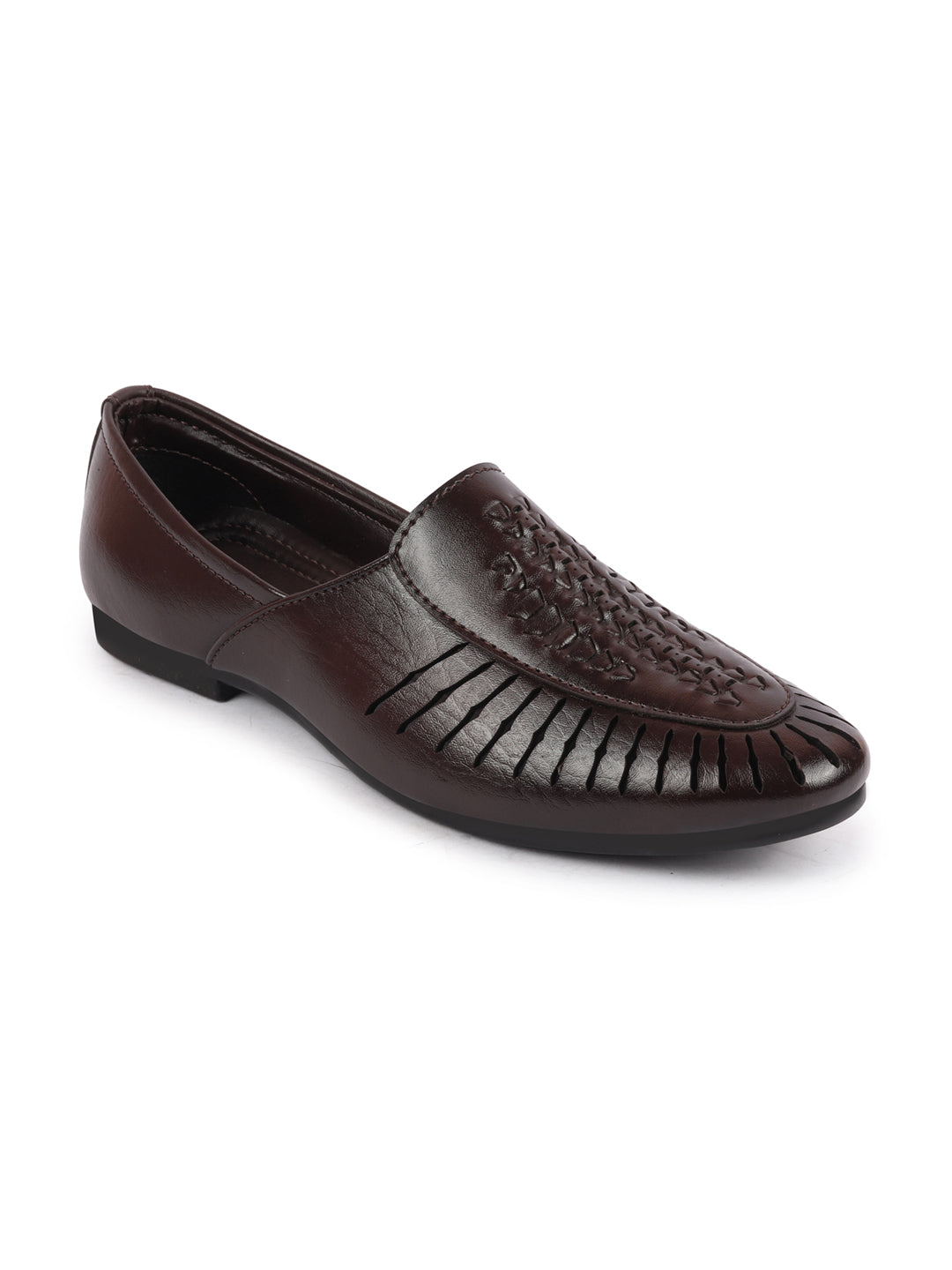 Shop Men Brown Laser Cut Design Ethnic Slip On Party Juttis and Mojaris Online.