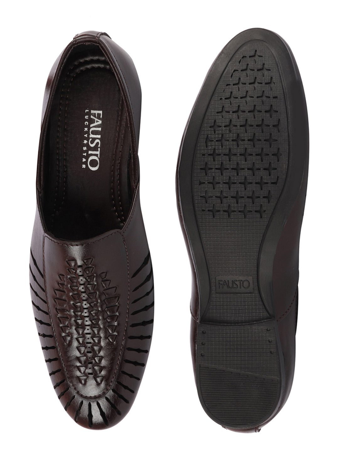 Shop Men Brown Laser Cut Design Ethnic Slip On Party Juttis and Mojaris Online.