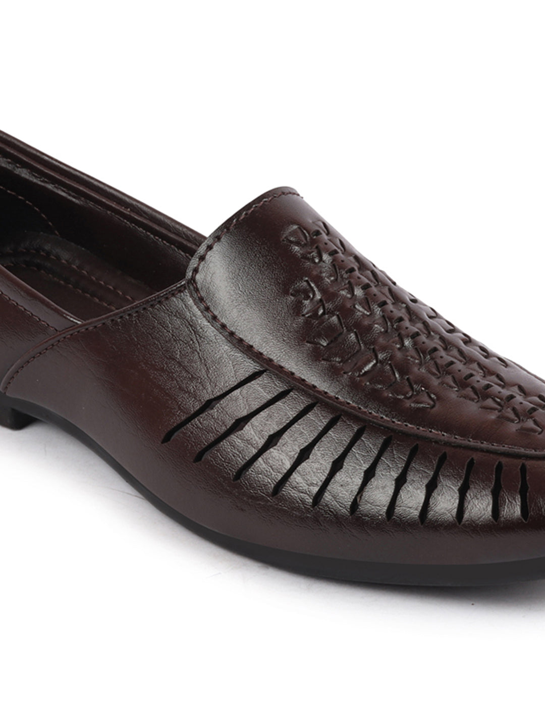 Shop Men Brown Laser Cut Design Ethnic Slip On Party Juttis and Mojaris Online.