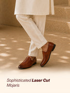 Shop Men Tan Laser Cut Design Ethnic Slip On Party Juttis and Mojaris Online.