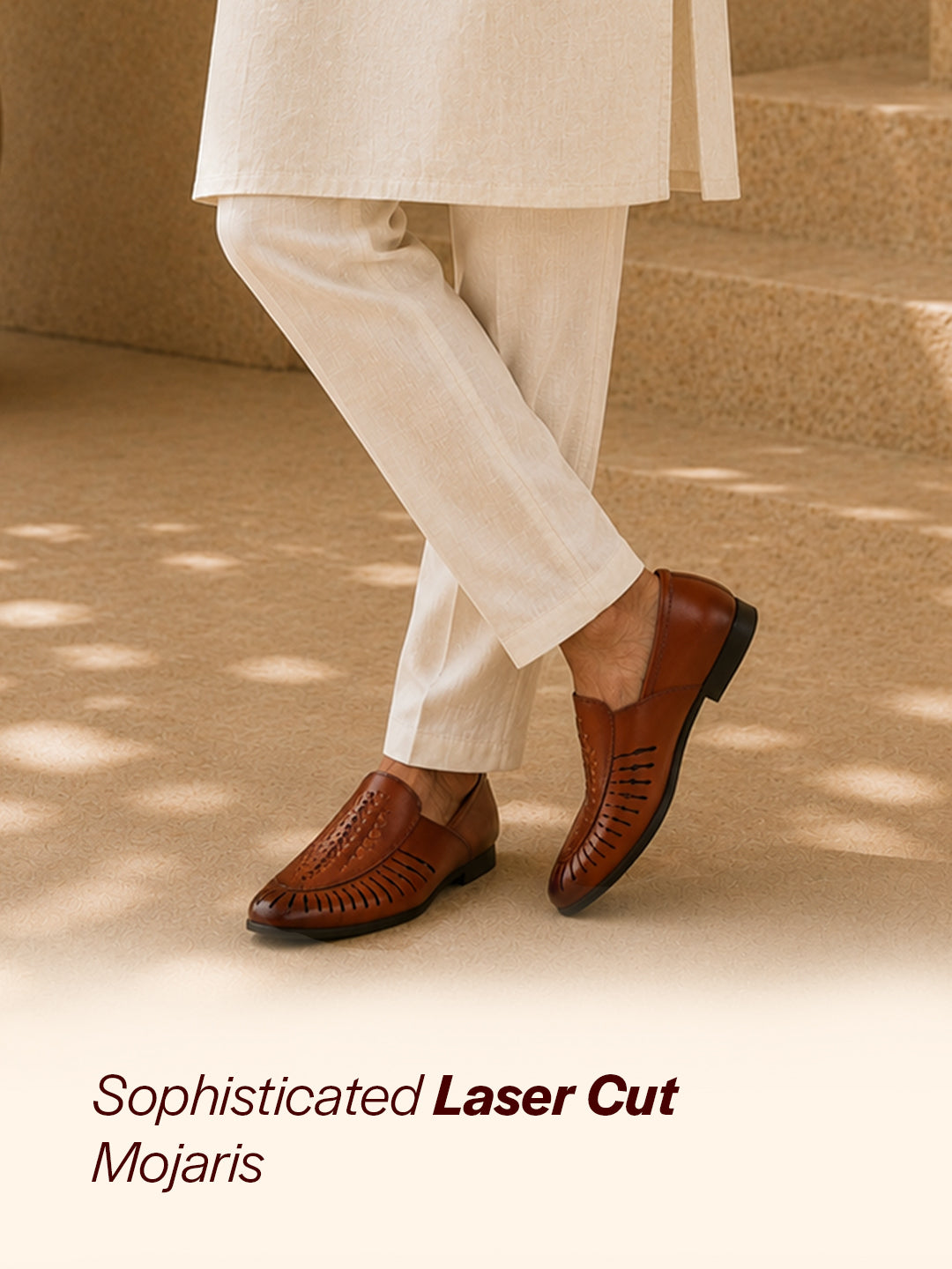 Shop Men Tan Laser Cut Design Ethnic Slip On Party Juttis and Mojaris Online.