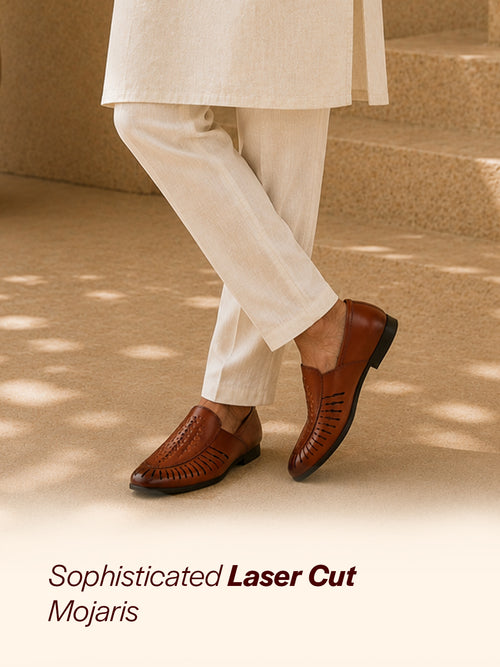 Shop Men Tan Laser Cut Design Ethnic Slip On Party Juttis and Mojaris Online.
